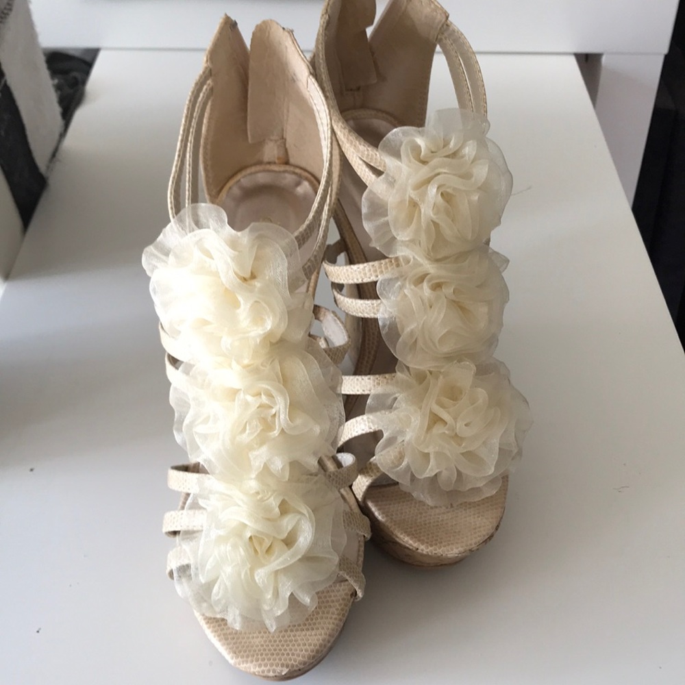 Cream Chiffon Flower Detail Wedge Sandals